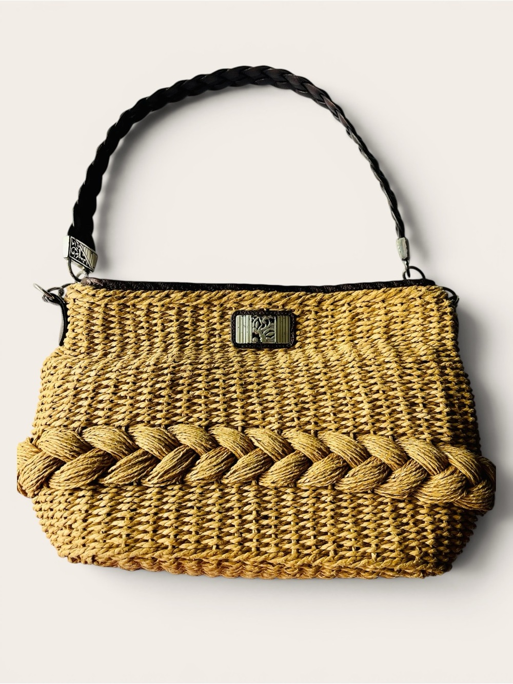 Brighton Straw Woven Shoulder Bag Brown Leather Braided Handle Beach Tote Purse